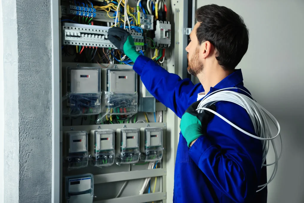 Electrician working on an electrical installation on a commercial property